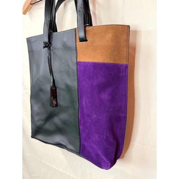 VINCE CAMUTO Casia Patchwork Tote Bag Dark Green Pebbled Leather Suede Boho - Picture 2 of 15